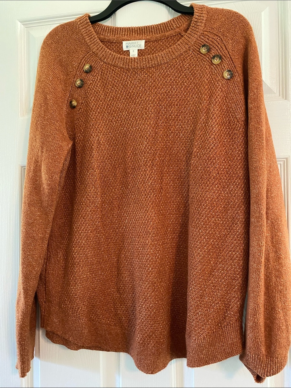 Market & Spruce Button-Shoulder Scoop Neck Sweater — Rust Orange